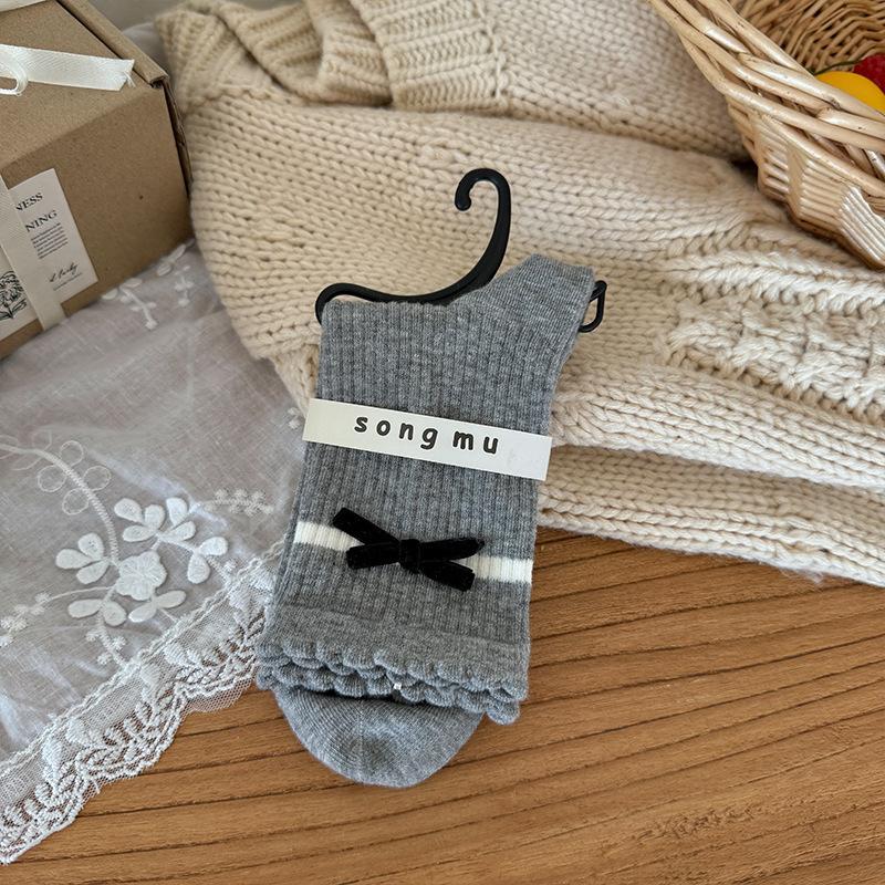 Songmu Gray Series "Boneless Socks, Middle Socks, Korean Girl Bow Tie Pile Socks