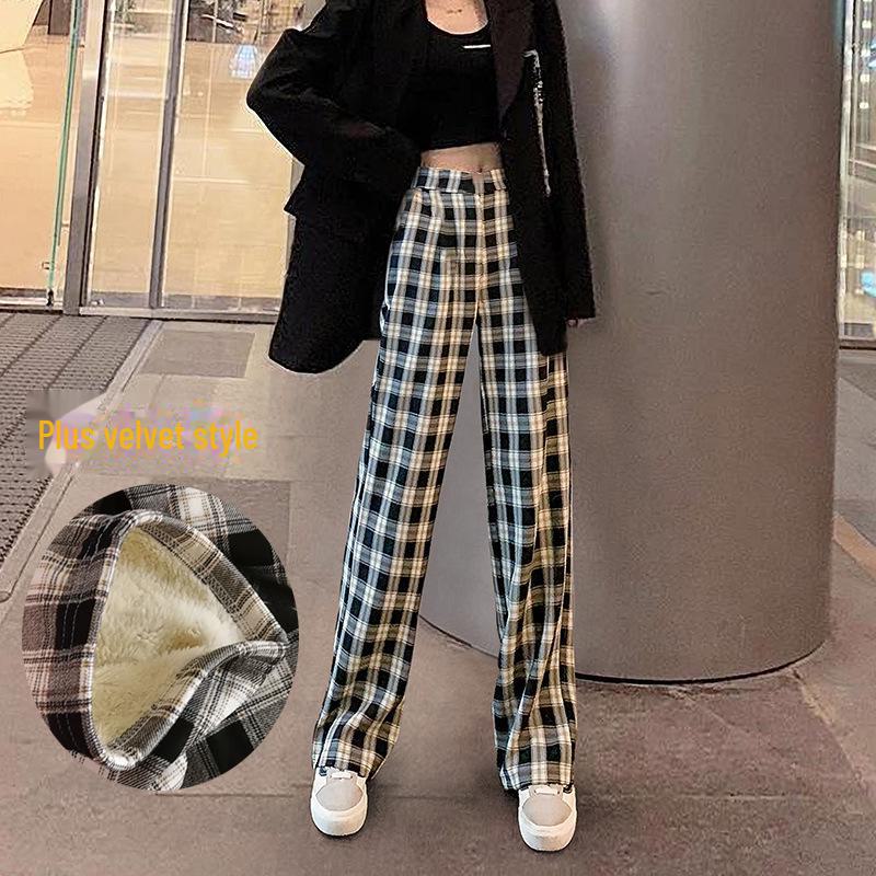 Women's High-Waist Black & White Plaid Wide-Leg Pants - Slim, Versatile, Casual, Loose, with Velvet, Ideal for Autumn and Winter