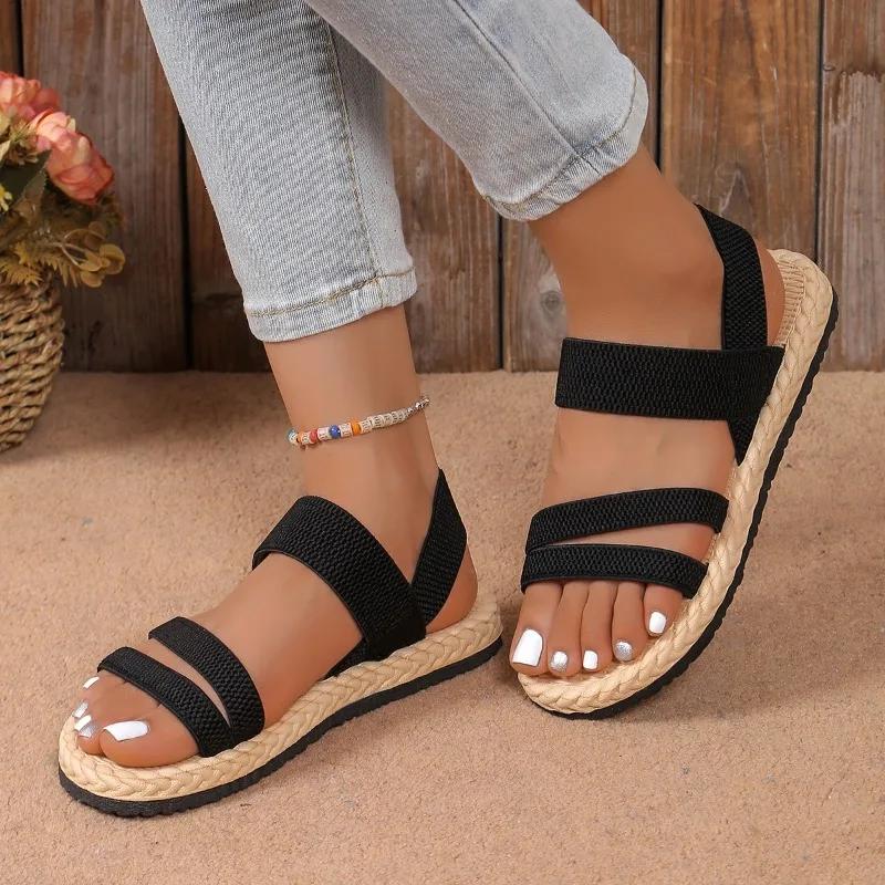 Ladies Shoes 2025 Open Toe Women's Sandals Summer Elastic Band Casual New Plus Size Concise Best Seller Flat Sandals