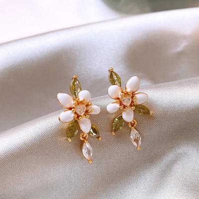 K Real Gold Electroplated Silver Needle Zircon Dripping Oil Flower Earrings Holiday Style Fresh Stud Earrings Temperament Earrings Design Sense