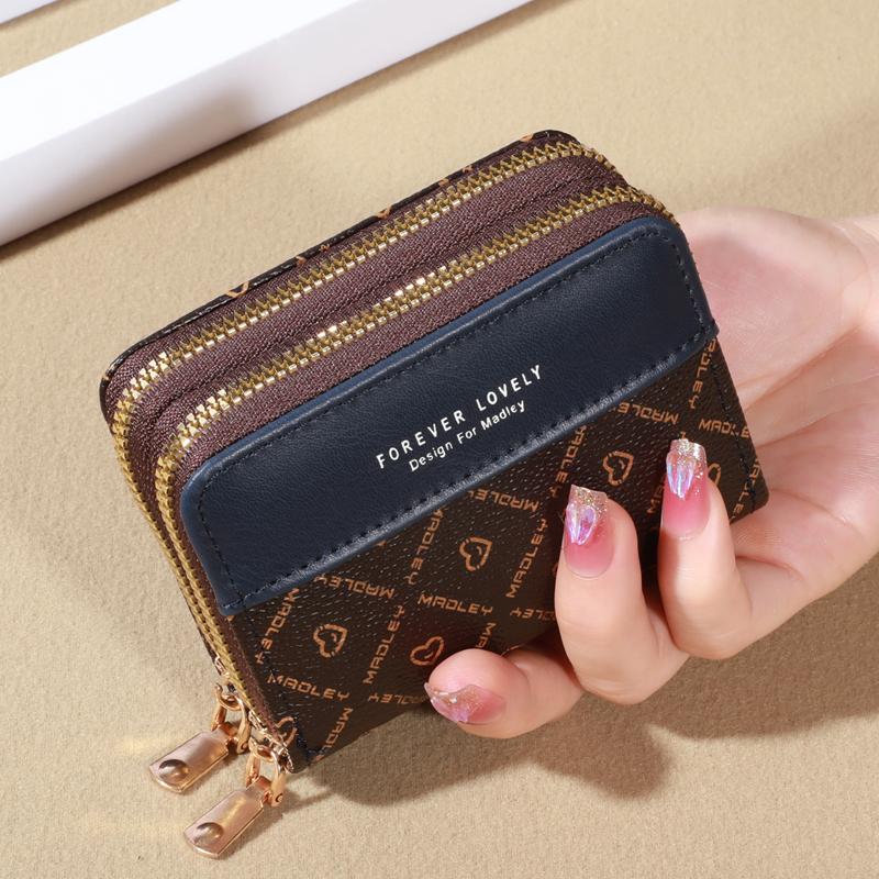 Women's Short Wallet Fashionable Double Zipper Color Blocking Coin Purse Clutch Bag Multi Slot Large Capacity Card Pack Double Layered Women's Bag