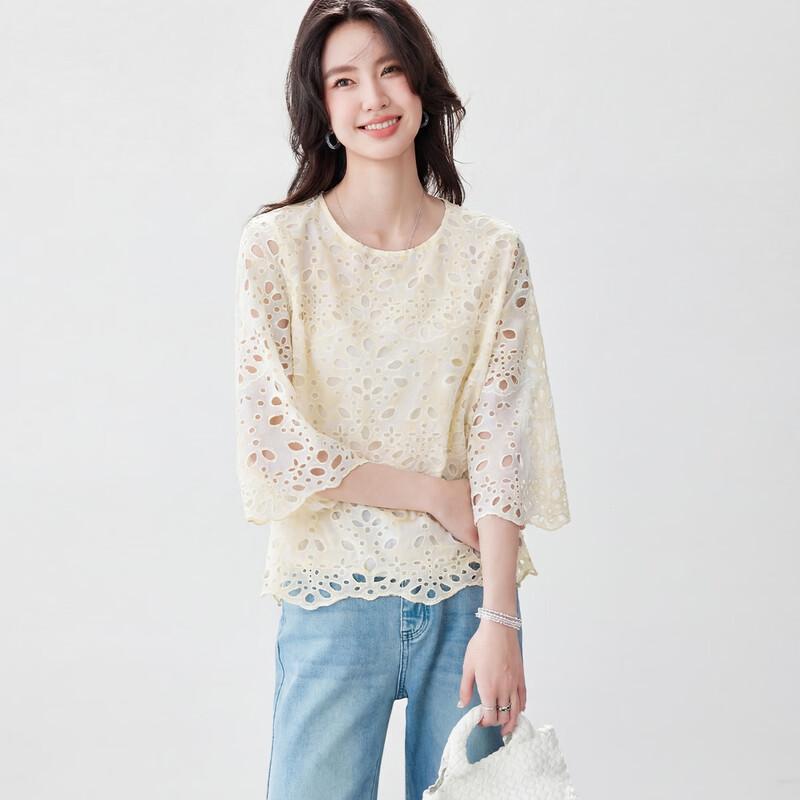 CARBAMMI Women s Round Neck 3/4 Sleeve Hollow Out Blouse 2XL абрикосово-желтый