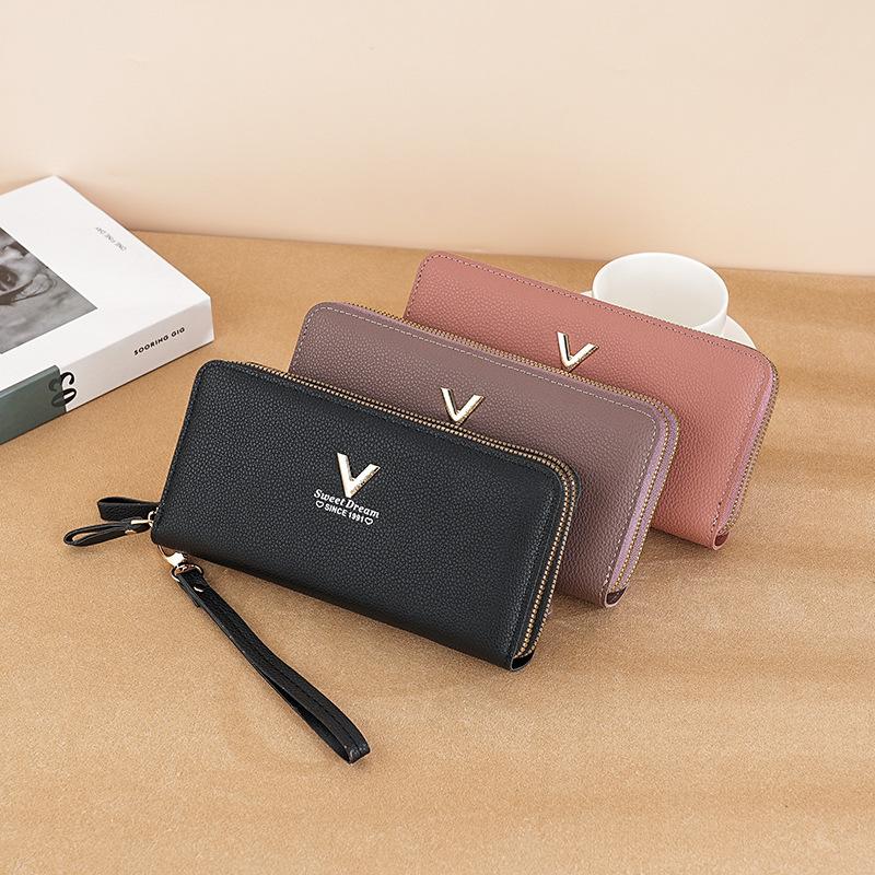 New women's wallet, fashionable double-layer zipper, long clutch bag, lychee pattern mobile phone bag, thick and multi-card space, large capacity