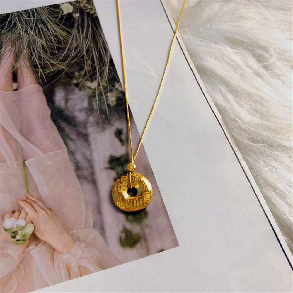 Gold-Plated Hundred Blessings Pendant Necklace - Lucky Bead & Safety Buckle Retro Chinese Style