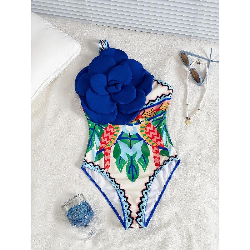 Moda Fiore sulla Spalla Costume da Bagno Intero Sexy Monospalla da Donna Body Stampato Costumi da Bagno Abbigliamento da Spiaggia per Vacanze Femminile