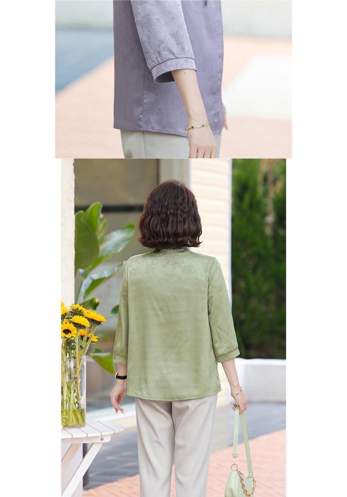 New Chinese Style Summer Blouse for Moms, National Design, Middle-Aged Women's Three-Quarter Sleeve Top for Spring/Summer.