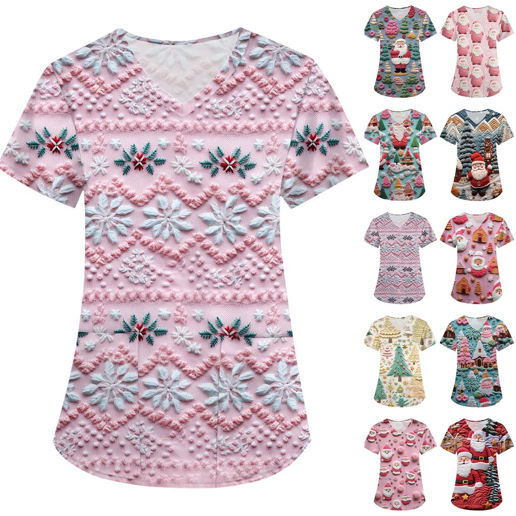 Women's Christmas Print Loose V-Neck Pocket Short-Sleeved Uniform