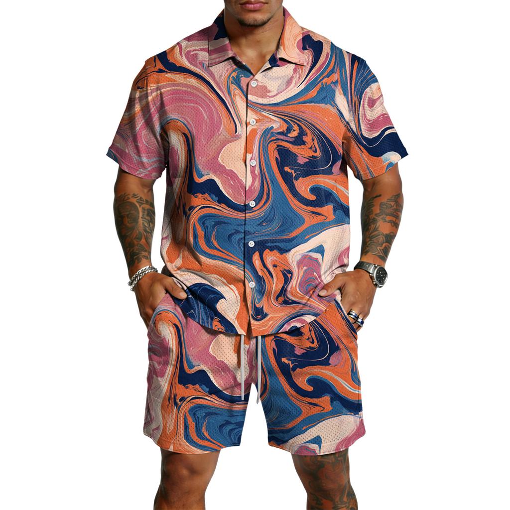 Men’s Short Sleeve Button Down Shirt and Shorts Set Abstract Swirl Print Lightweight Two Piece Outfit for Summer Beachwear