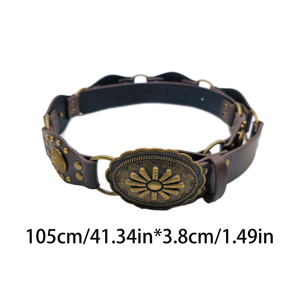 Waist Belt Engraved Buckle for Cowboy Cowgirl with Flower Vintage Belt Hot Girl WaistChain Studded Sexy Oversize Belt