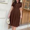 ZANZEA Women Casual Turn Down Collar Short Sleeve Summer A-line Dress