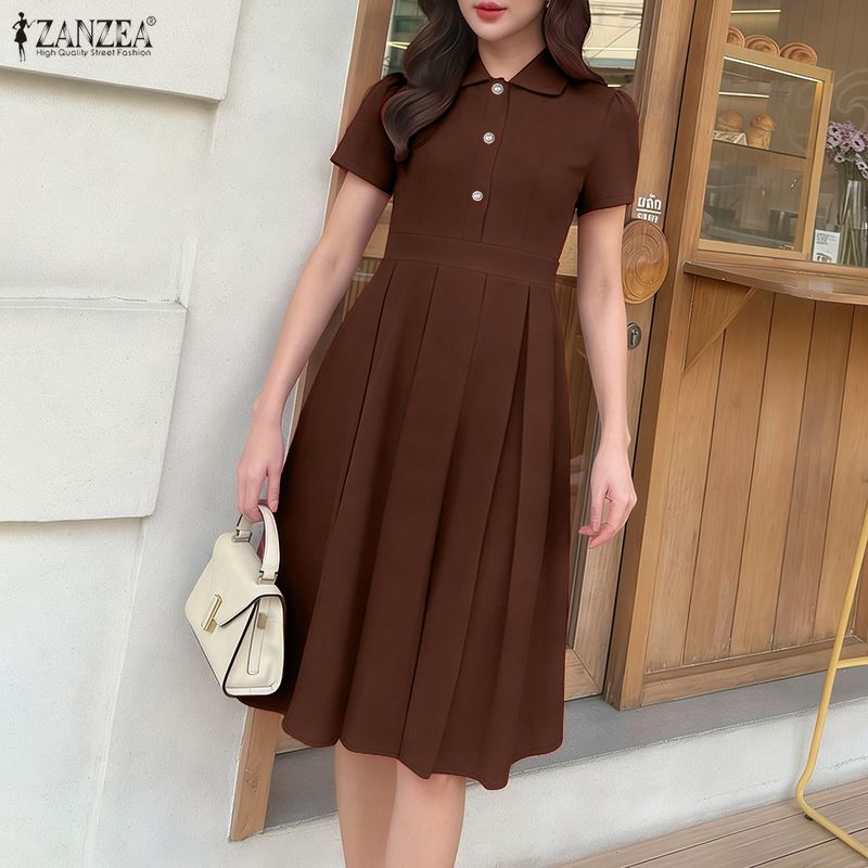 ZANZEA Women Casual Turn Down Collar Short Sleeve Summer A-line Dress