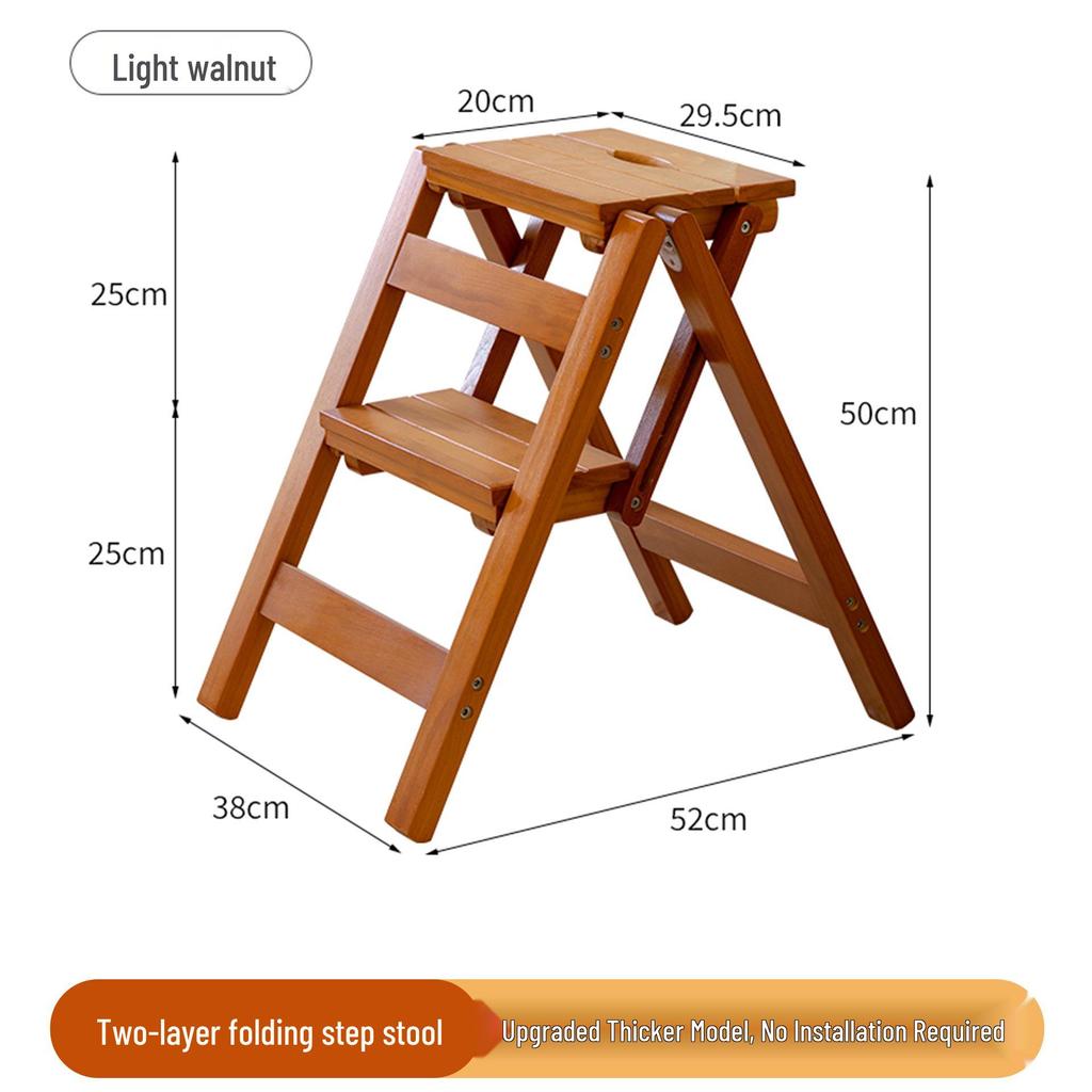 Solid Wood Foldable Ladder with Non-Slip Steps - Multi-Functional, Portable, Stackable, and Ideal for Household Climbing and Storage.