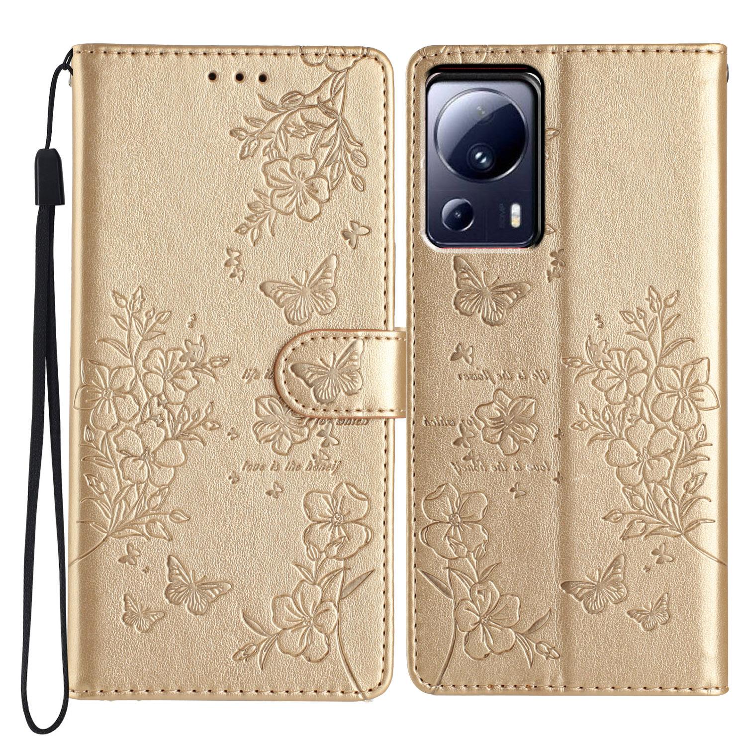 

For Xiaomi 13 Lite/Civi 2 5G Phone Case Butterfly Floral Imprint Leather Wallet Cover Gold