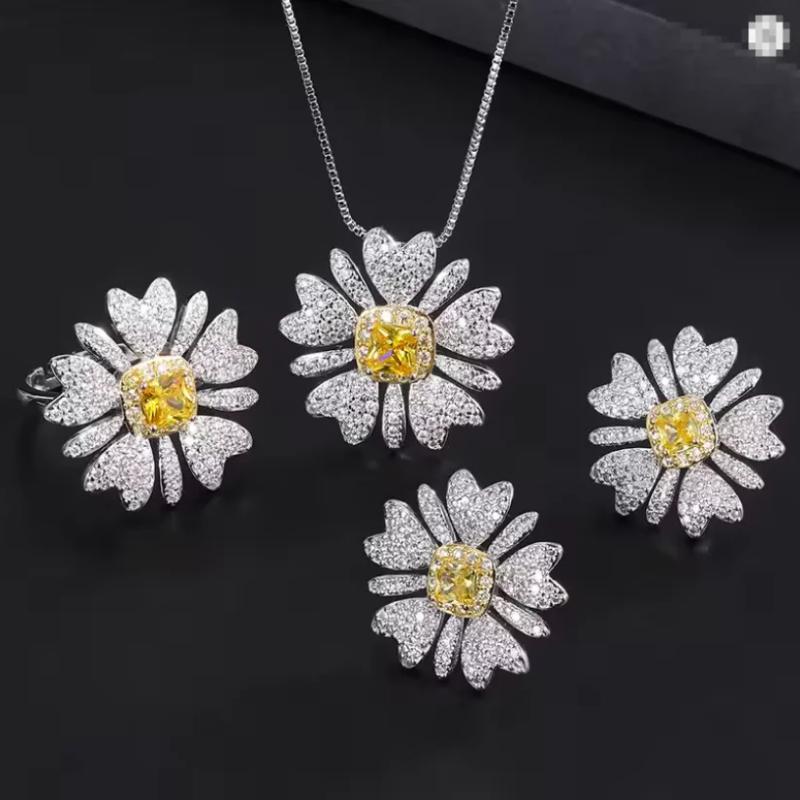 

2025 Floral Shaped Yellow Diamond Stud Earrings Daisy Micro Paved Full Diamond Necklace Pendant Earrings Ring 45CM