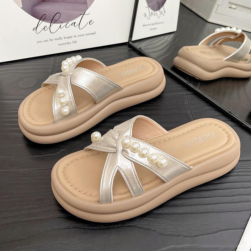 Muffin thick-soled cool slippers women's summer new fashion outer wear sandals pearl cross with beach slippers