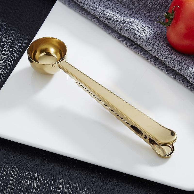 Clip de sellado para cucharas de café de acero inoxidable dos en uno para cucharas medidoras de cocina, té, leche en polvo y granos de café.