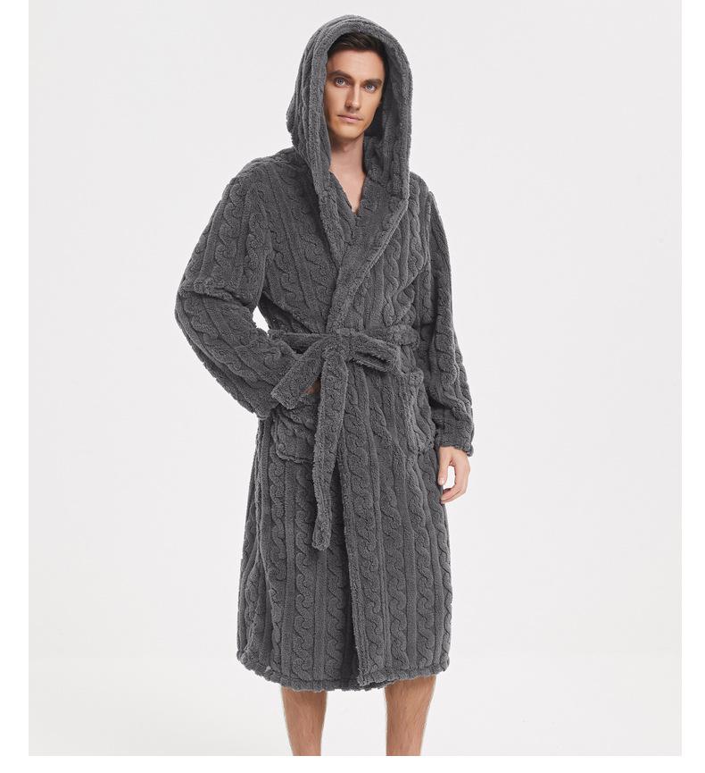 Large Cotton Velvet Jacquard Hooded Men's Nightgown - European & American Style, Thickened for Autumn/Winter, Unisex.