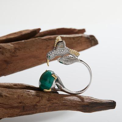 Anello Tesoro Colorato in Argento Sterling S925 Intarsiato con Malachite Naturale Design di Uccello alla Moda Personalità Tendenza da Donna