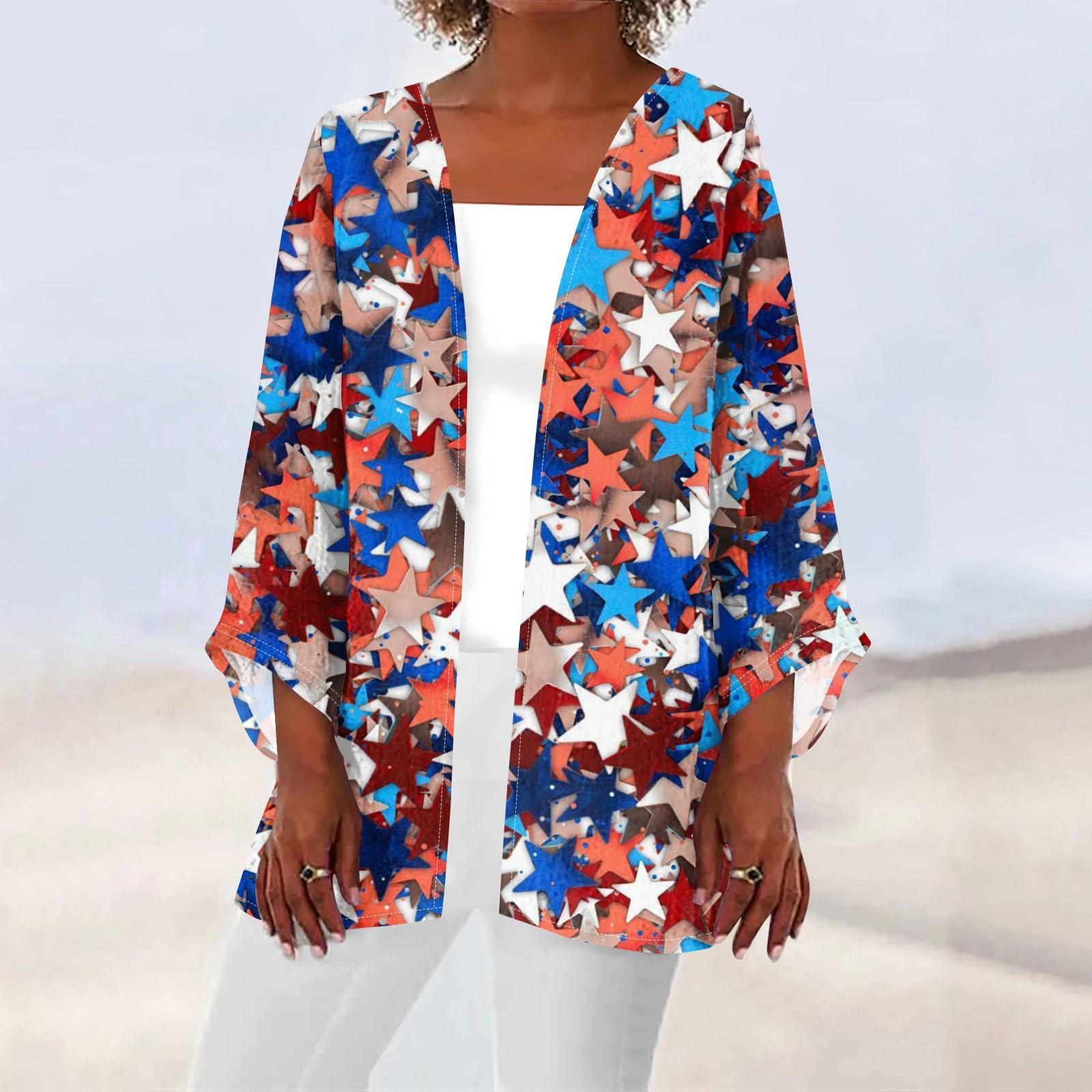 

Женская повседневная модная легкая куртка средней длины с принтом ко Дню независимости, кардиган L синий