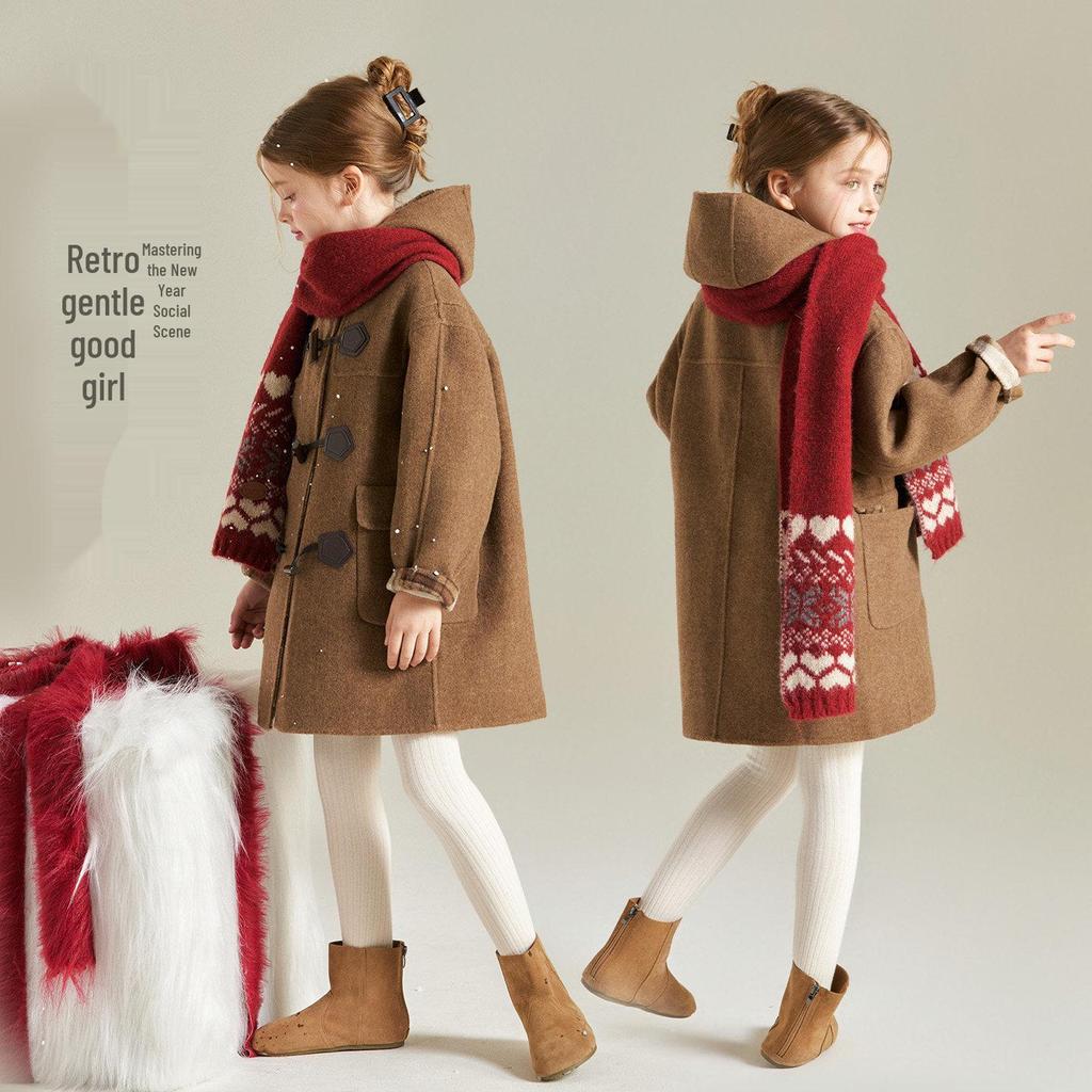 Girls' Academy Style Mid-Length Wool Coat with Horn Buttons - 49% Wool