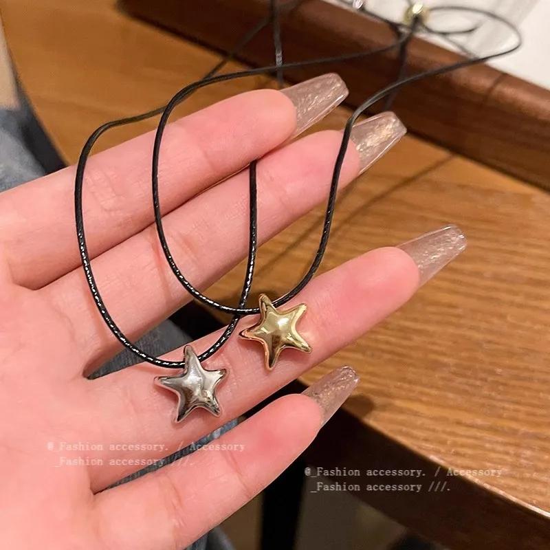 Y2K Star Minimalist Black Rope Unique Necklace Small Five Pointed Star Pendant Adjustable Necklace Collarbone Chain for Women