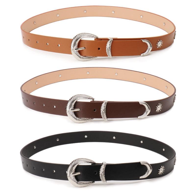 Belt Female Sunflower Rivet Belt Threaded Alloy Three-Piece Buckle Jeans Decorative Belt