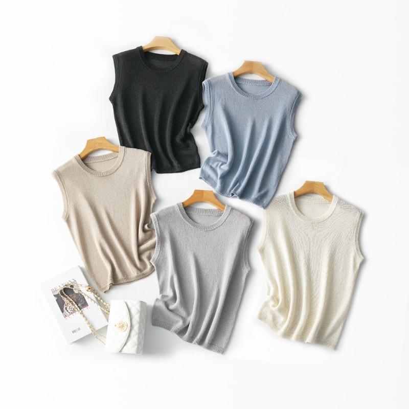 Silk and Paper Yarn Sleeveless Crew Neck Pullover Knitted Vest Women's Summer Light and Comfortable Bottoming Shirt