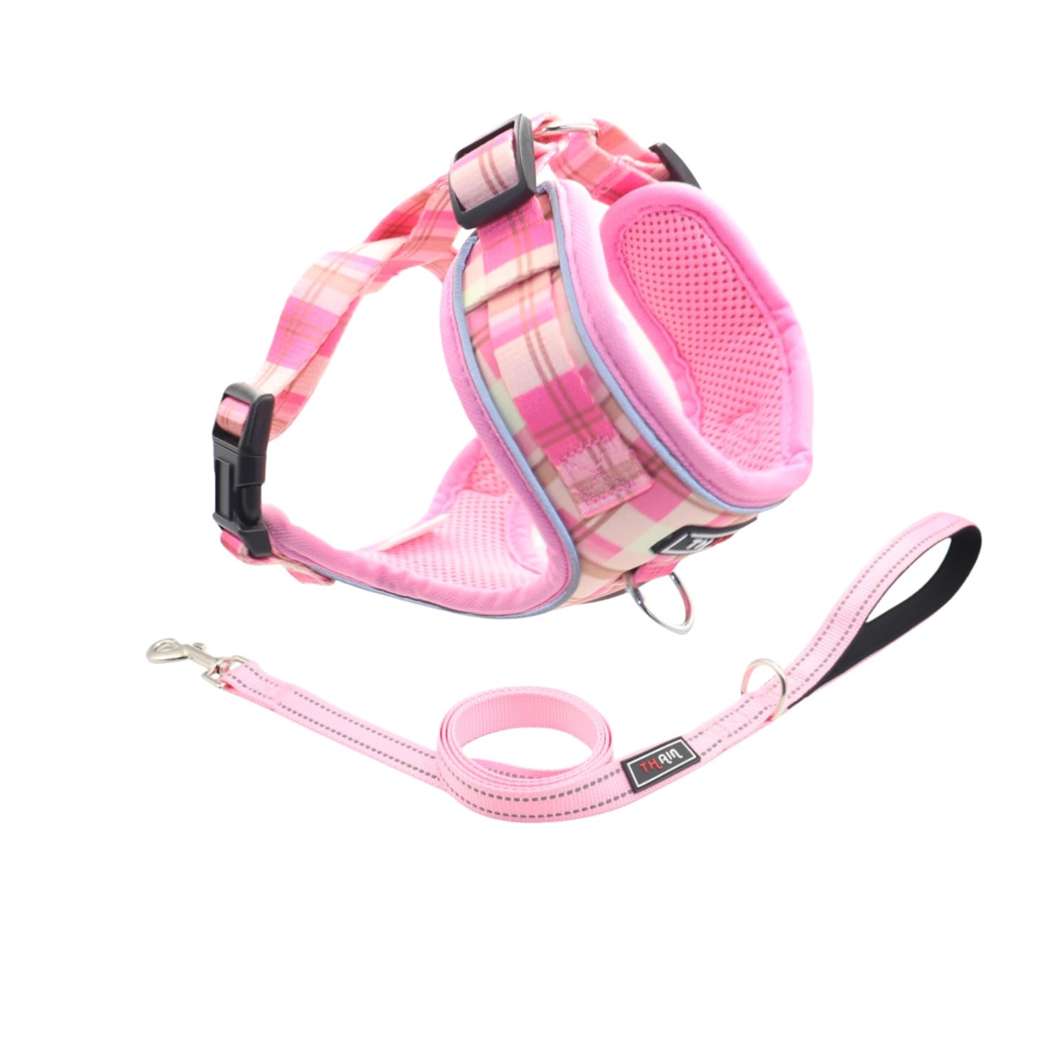 

THAIN Dog Harness and Lead Checkered Pattern with Reflective for Small and Medium Dogs Pink Set, Skin-Friendly Mesh, Adjustable, (S, Checkered)