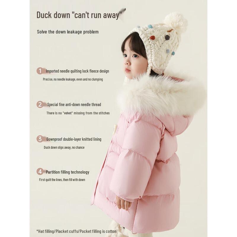 Yoyou Girls' Thickened Winter Down Jacket with Detachable Fur Collar
