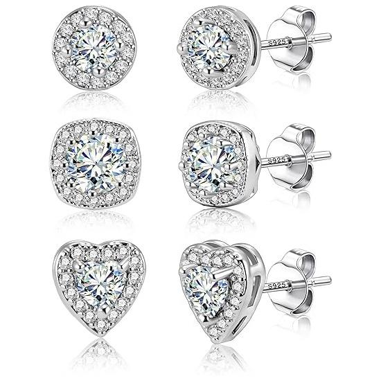Kolip 3 Pair Hypoallergenic Cubic Zirconia Stud Earrings for Women Men, Round Heart Square Diamond Large Stud Earring Set серебряный