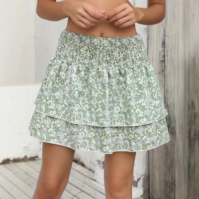 Women's Fashion Wave Small Floral Draw Waist A-line Skirt