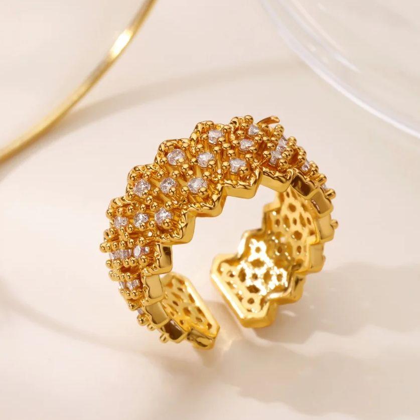 Luxury Zircon Ring For Women Gold Plated Stainless Steel Geometric Ring Hypoallergenic Wedding Christmas Jewelry Gift