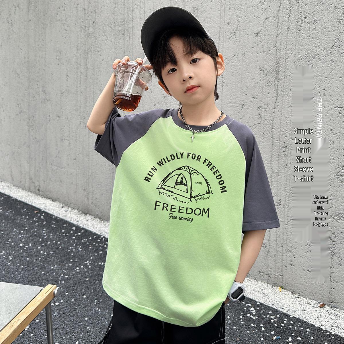 Boys Clearance Pure Cotton Color Block Short Sleeve T-shirt 2026 – Round Neck, Stylish, Versatile Base Layer 110 cm