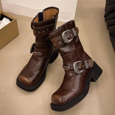 Neue Herbst Chunky Einzelstiefel Damen Quadratische Metallgürtelschnalle Seitlicher Reißverschluss Dicke Sohle Rutschfest Mid-Calf Stiefel