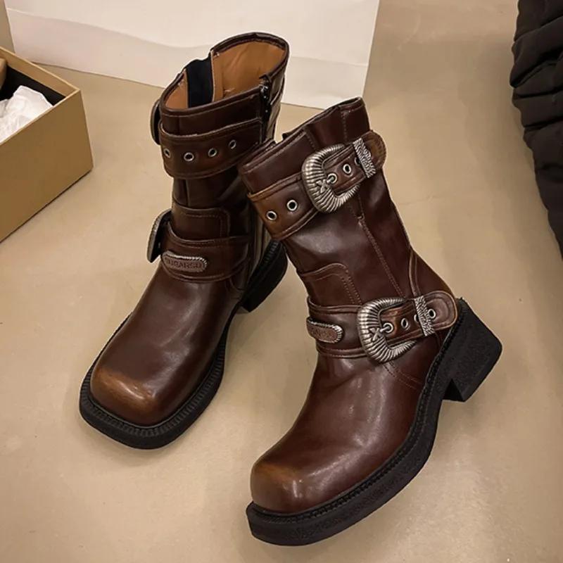 New Autumn Chunky Single Boots Women's Square Metal Belt Buckle Side Zipper Thick Sole Non-slip Mid-calf Boots