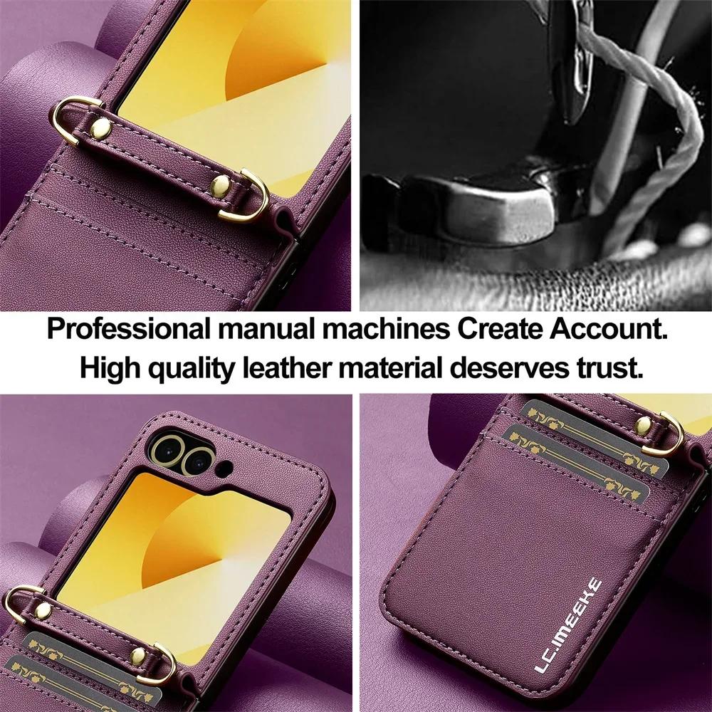 High Quality Crossbody Wallet Phone Case for Samsung Galaxy Z Flip 7 6 5 4 3 Card Holder Detachable Lanyard Leather Mobile Cover