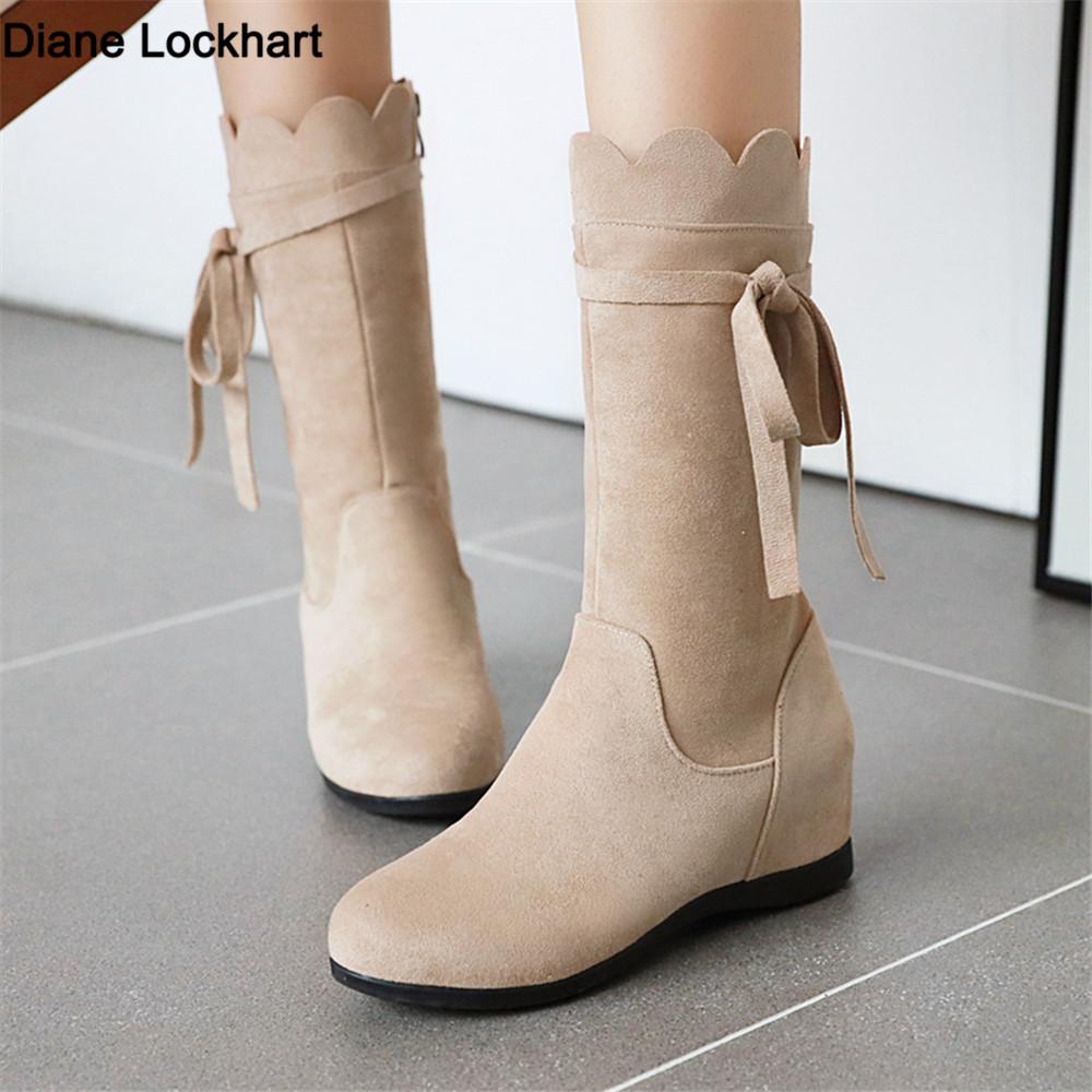 Fashion Women Winter New Versatile Boots Mid Calf Low Heeled Zip Boots Chunky Heel Bow Boots Sweet Girls Botas Mujer Black Apricot