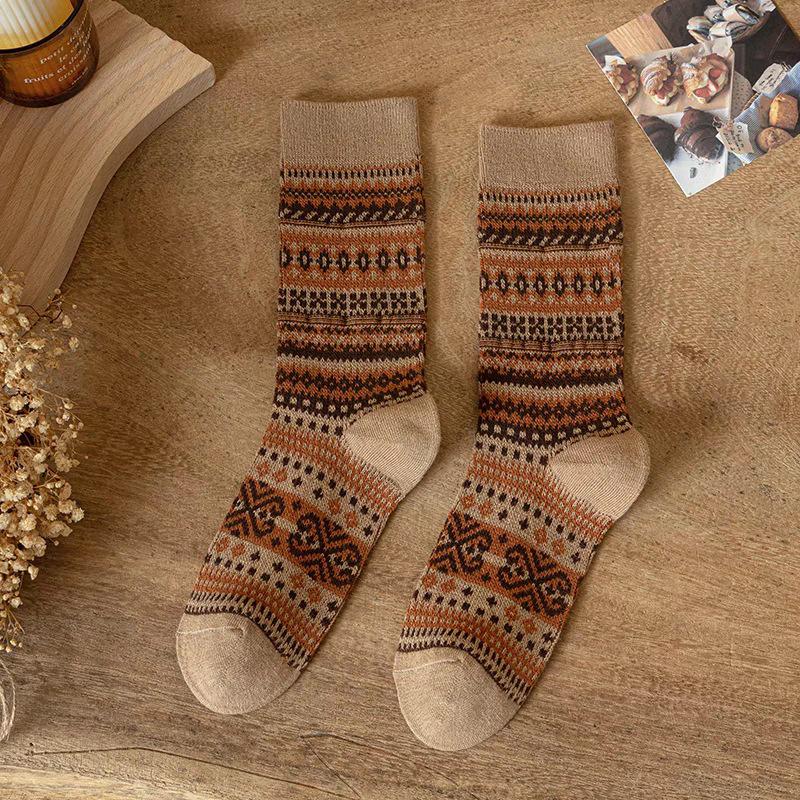 Japanese Retro Ethnic Style Maillard Fair Island Warm Knitted Socks For Women