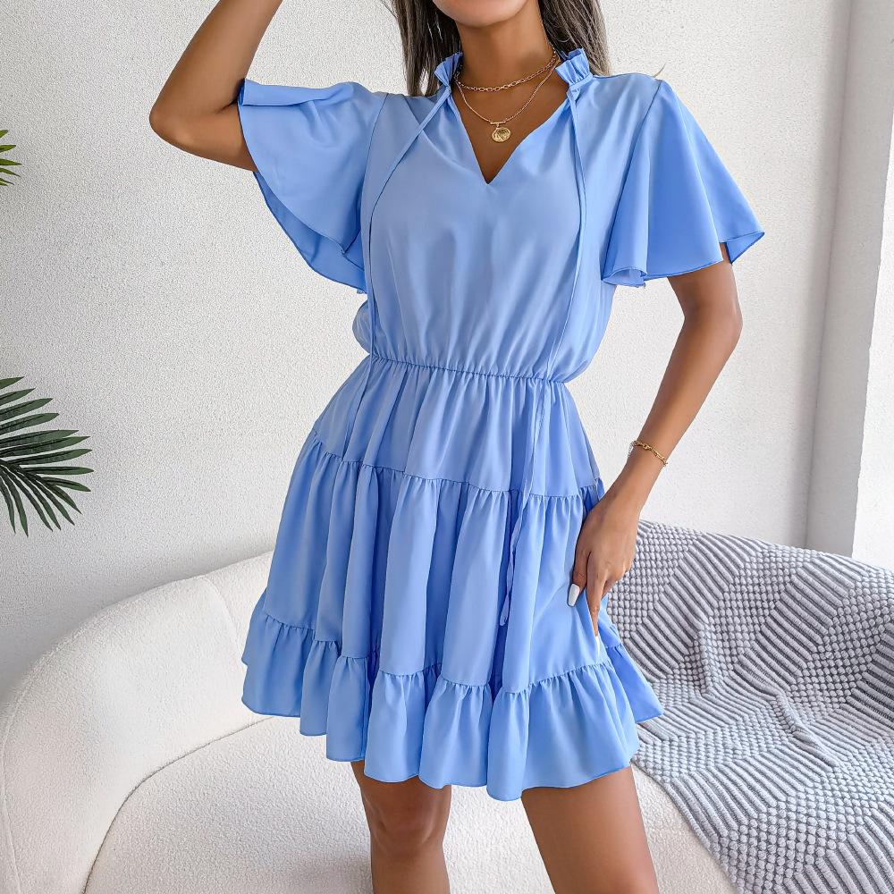 Frühlings- und Sommer Rüschenrock Flattergürtel Schwingendes A-Linien-Kleid Einfarbige Kleider Mode Damenkleider