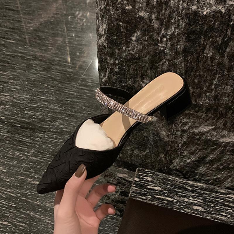 

Баотоу полутапочки женские летние 2025 новые фея ветер слово со стразами толстый каблук острый носок Мэри Джейн сандалии 40 чёрный