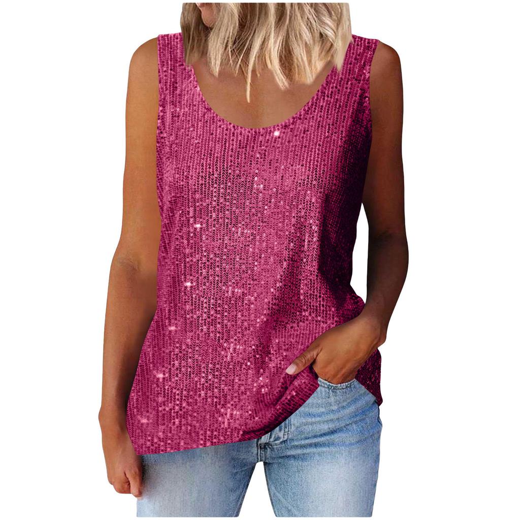 Women's Top, Commuting Sequins, Loose Fitting, Round Neck Vest, Comfortable and Casual