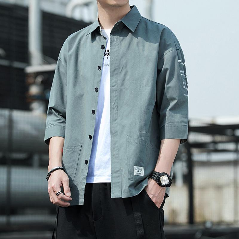 Men's Summer Lightweight 3/4 Sleeve Shirt Loose-Fit Casual Japanese-Style Workwear Shirt