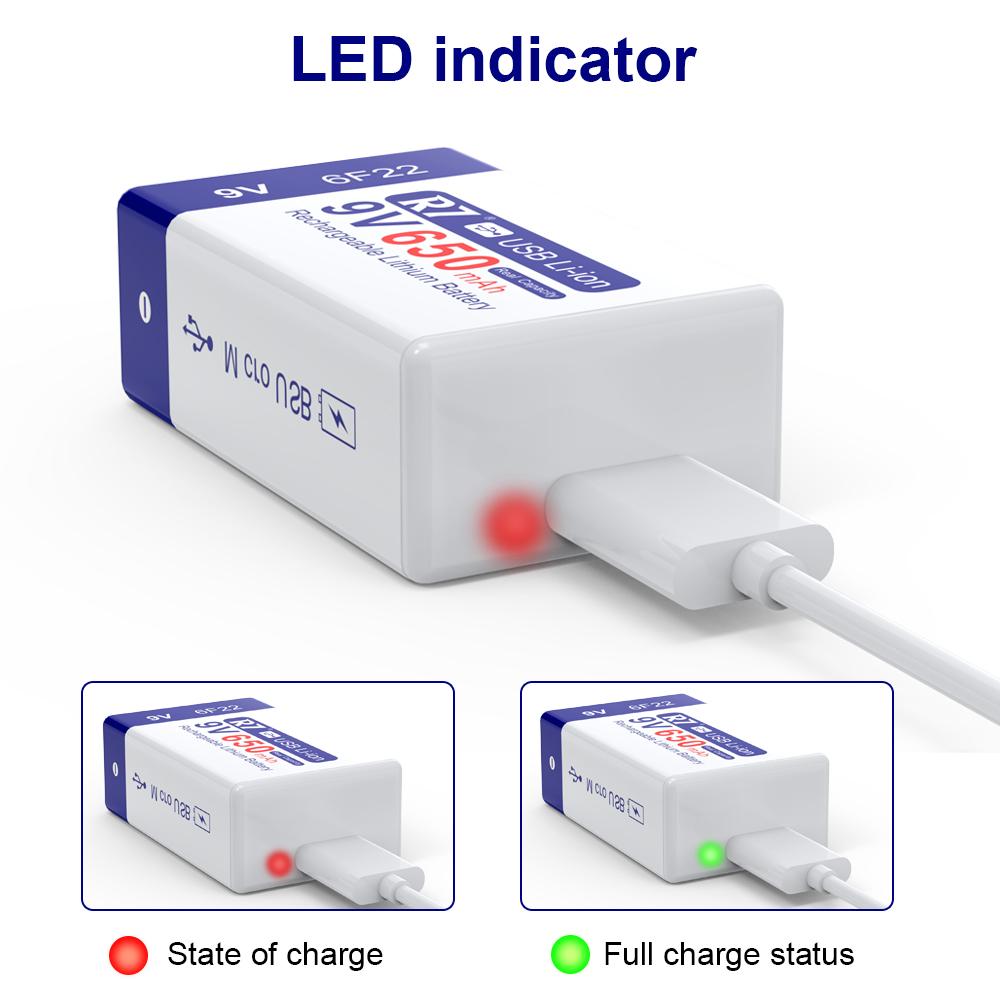 R7 9V USB Batteries 6F22 Rechargeable Batteries 650mAh Lithium Batteries Multifunctional Energy Batteries for KTV Microphone Metal Detector
