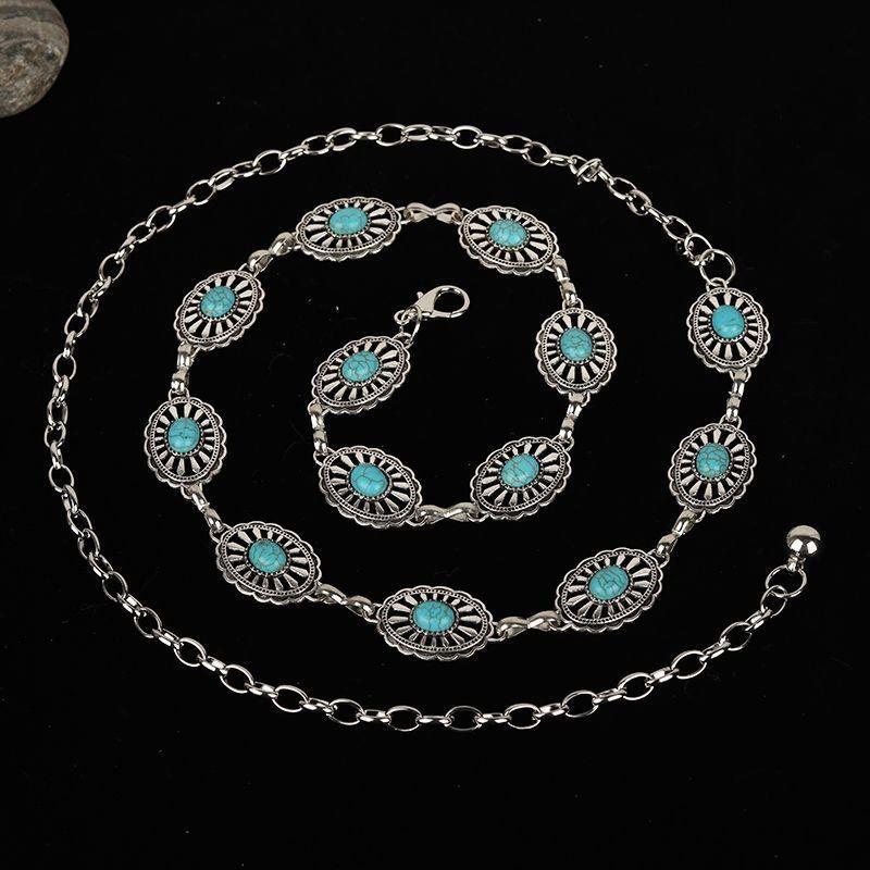 

Древняя серебристая металлическая цепочка на талию, гравированный ремень с инкрустацией сосновым камнем, женский этнический стиль с платьем, ретро-цепочка серебряный