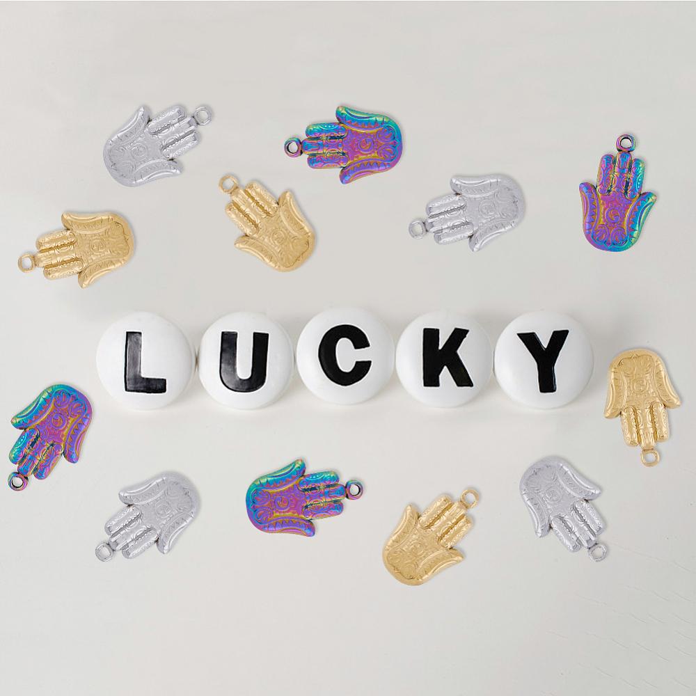 18Pcs 3 Colors 201 Stainless Steel Pendants Ion Plating(IP) Hamsa Hand/Hand of Miriam Mixed Color 23.5x15.5x3.5mm Hole: 1.4mm 6pcs/color