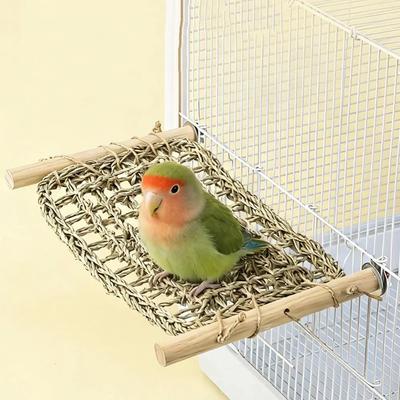 Handwoven Straw Reptile Hammock Eco-Friendly Durable Pet Grass Cushion Decorative Wood Frame Foraging Mat Toys Cage Accessories