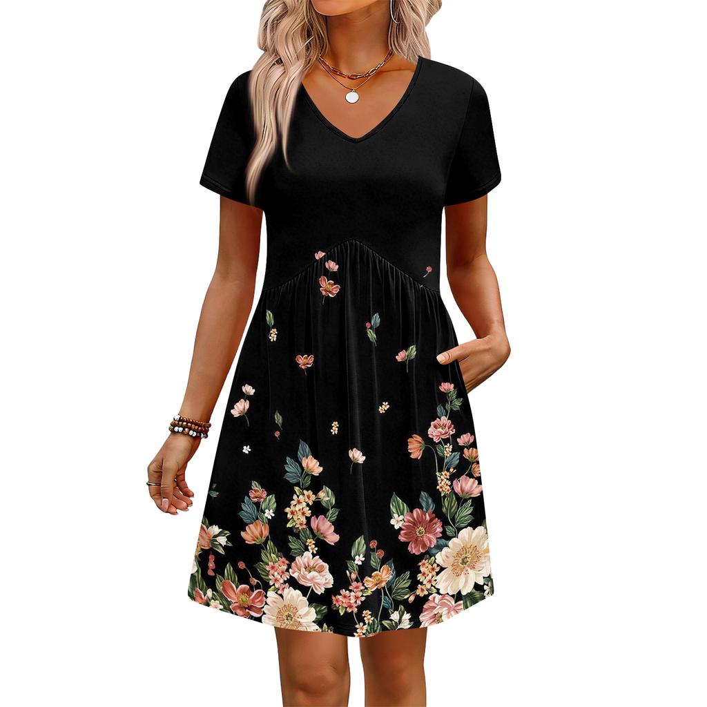 Modisches Damenkleid mit Print, V-Ausschnitt, kurzärmelig, locker, lässig, für den Strandurlaub