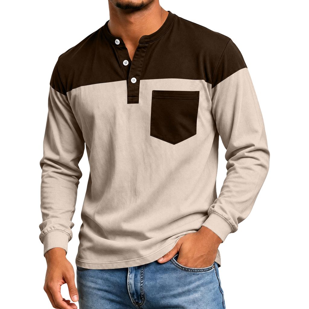 Men's Color Block Long Sleeve Shirt Casual Top for Spring and Fall