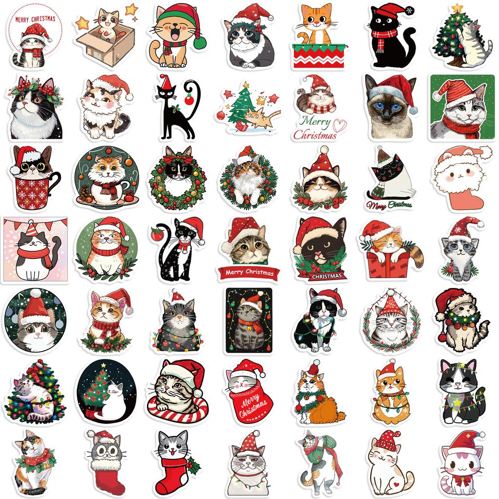 50 Cartoon Christmas Cat Doodle Stickers Party Decoration Guitar Notebook Suitcase DIY Waterproof