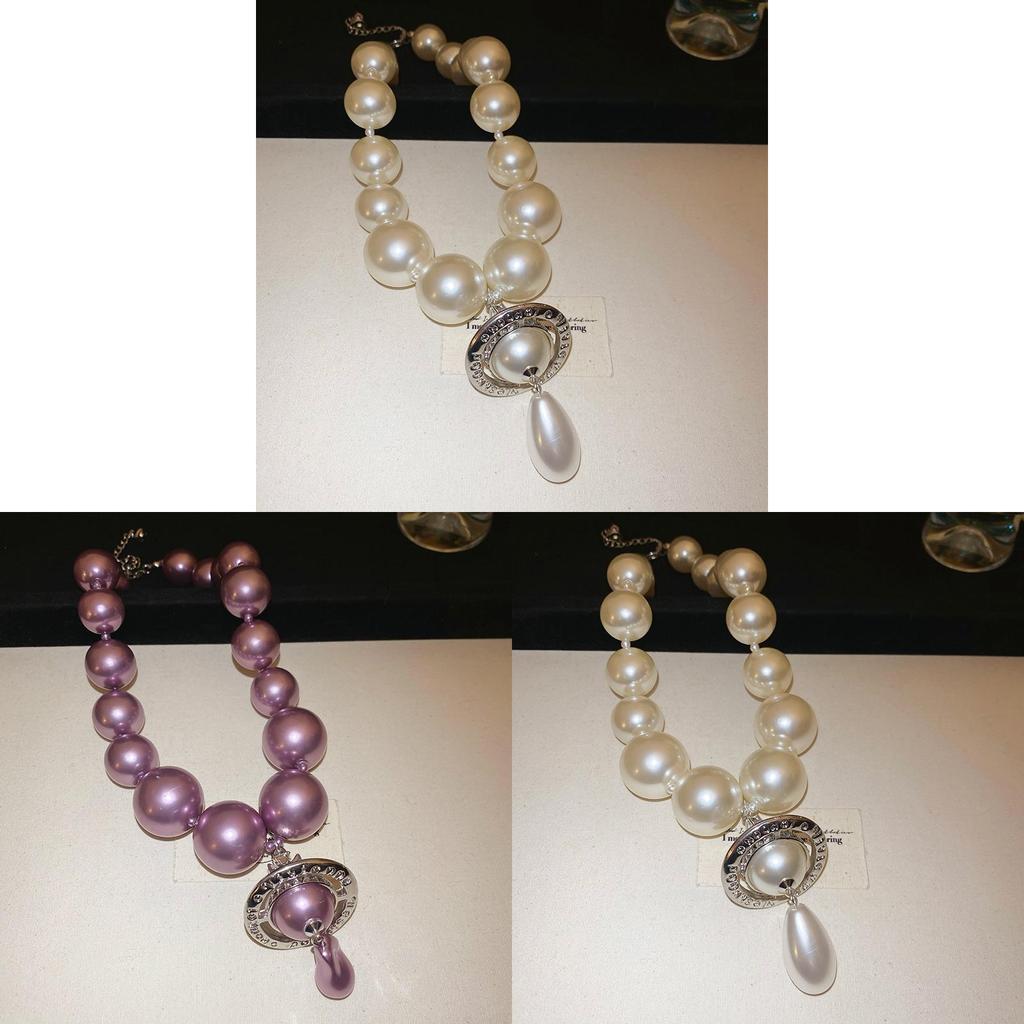 Saturn Pendant Necklace With Faux Pearl Chain For Elegant Women